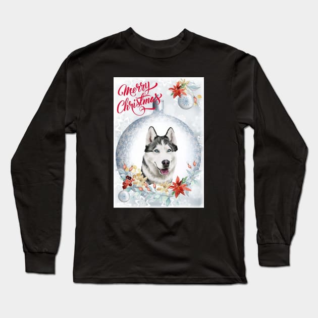 Husky Merry Christmas Santa Dog Long Sleeve T-Shirt by Puppy Eyes